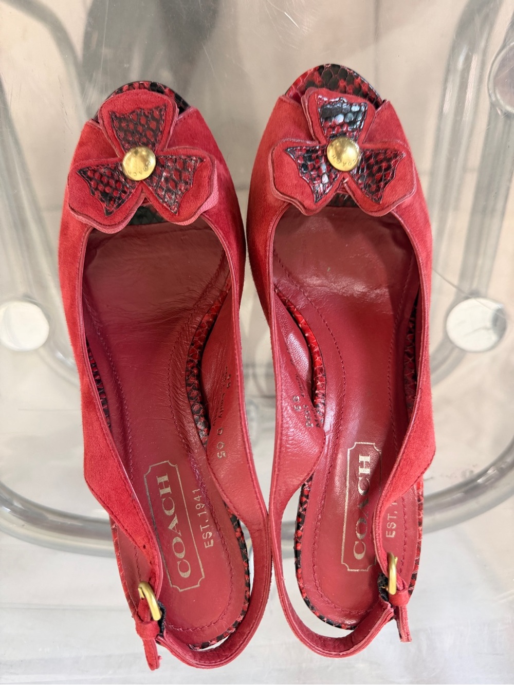 COACH Red Suede Floral Slingback Flats with Gold Accent